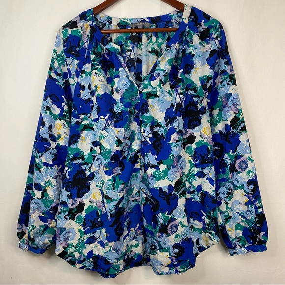 DAISY FUENTES Blue Floral Career Blouse V Neckline Size Large - Picture 1 of 7